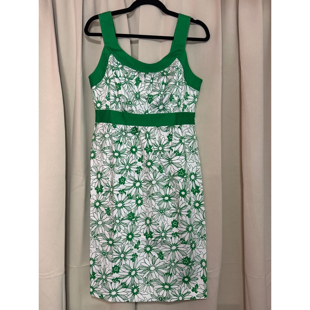 a.n.a Cotton Floral Sheath Dress 10 Green White Daisy Print Scoop Neck Mid-Lngth